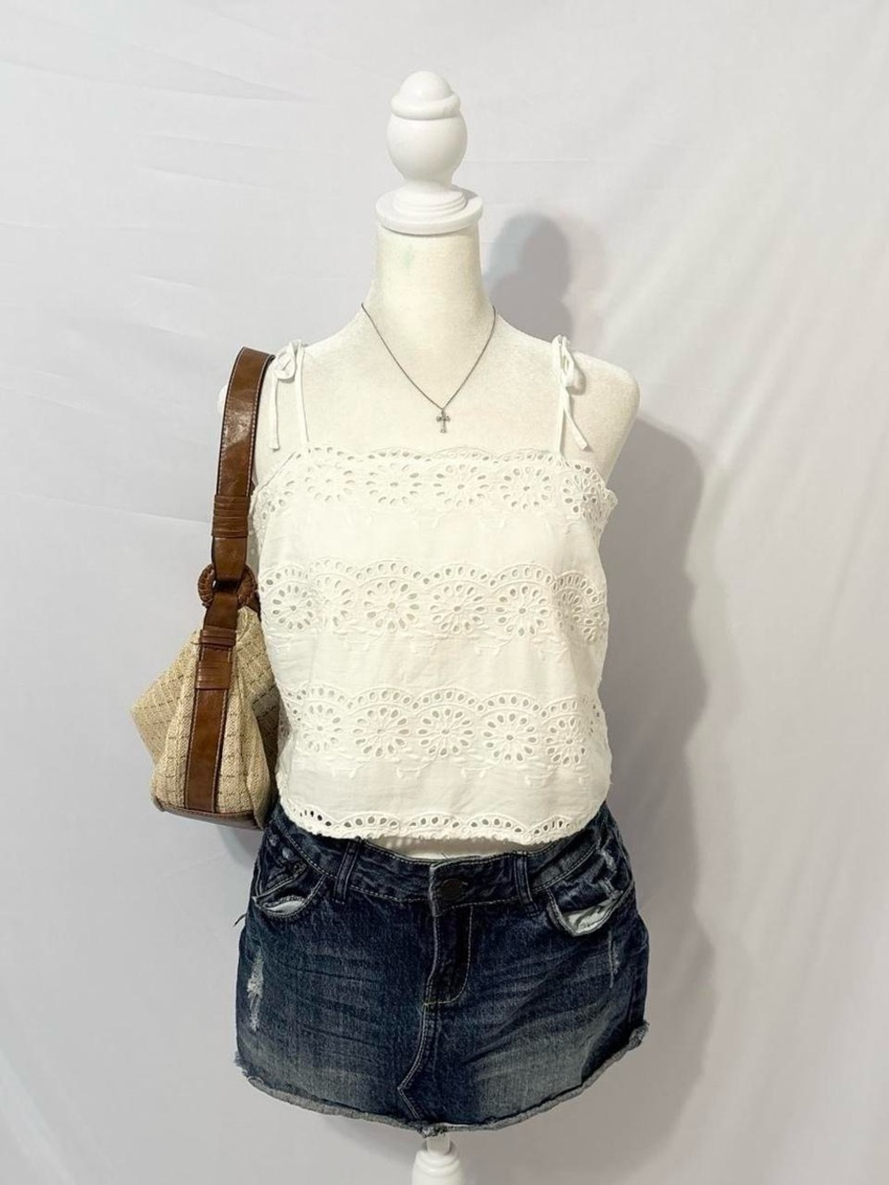 White Boho Indie Tie Up Top with Floral Embroidery